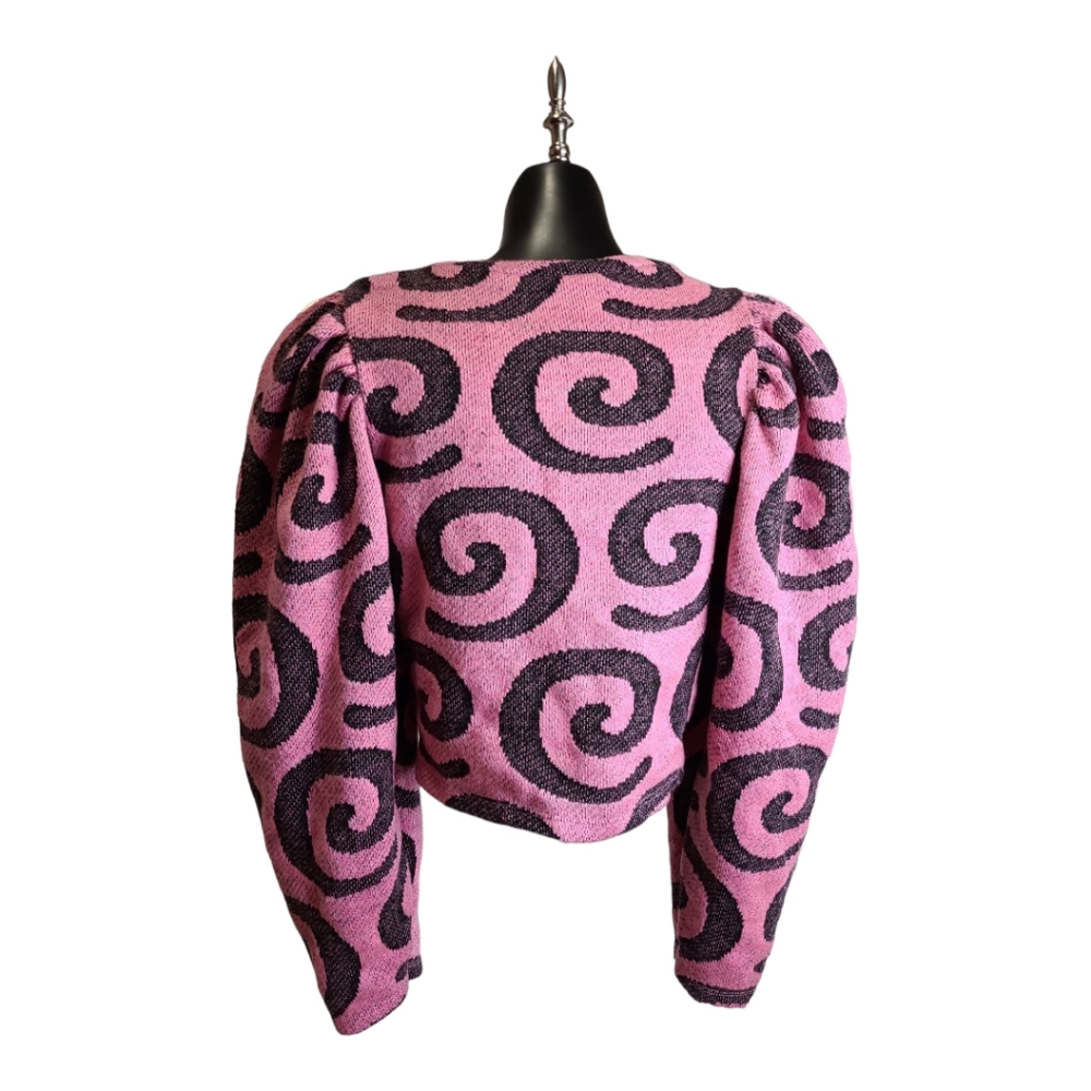 Zara Women's Jacquard Swirl Print Pullover Sweater Balloon Sleeves Pink Black S - Picture 5 of 10